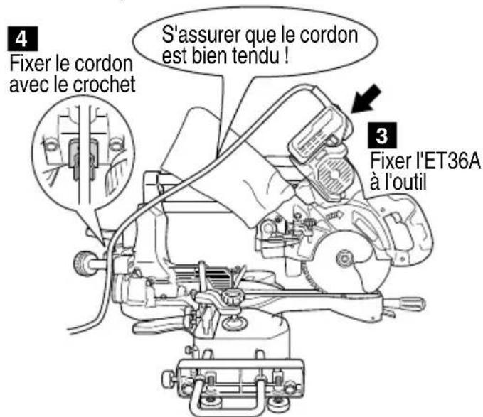 4 Fixer le cordon avec le crochet S'assurer que le cordon est bien tendu ! 3 Fixer l'ET36A à l'outil