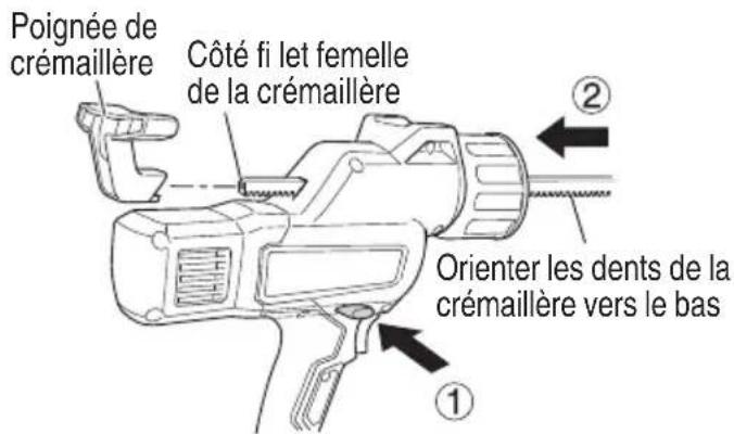 Poignée de crémaillère Côté fi let femelle de la crémaillère ① Orienter les dents de la crémaillère vers le bas ②