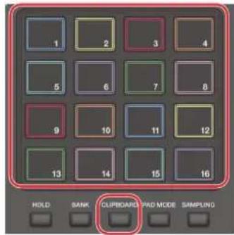 ROLAND FANTOM 8 EX - Exercez un appui prolongé sur le pad de l'échantillon que vous souhaitez déplacer, et appuyez sur le bouton [CLIP BOARD]. - 1