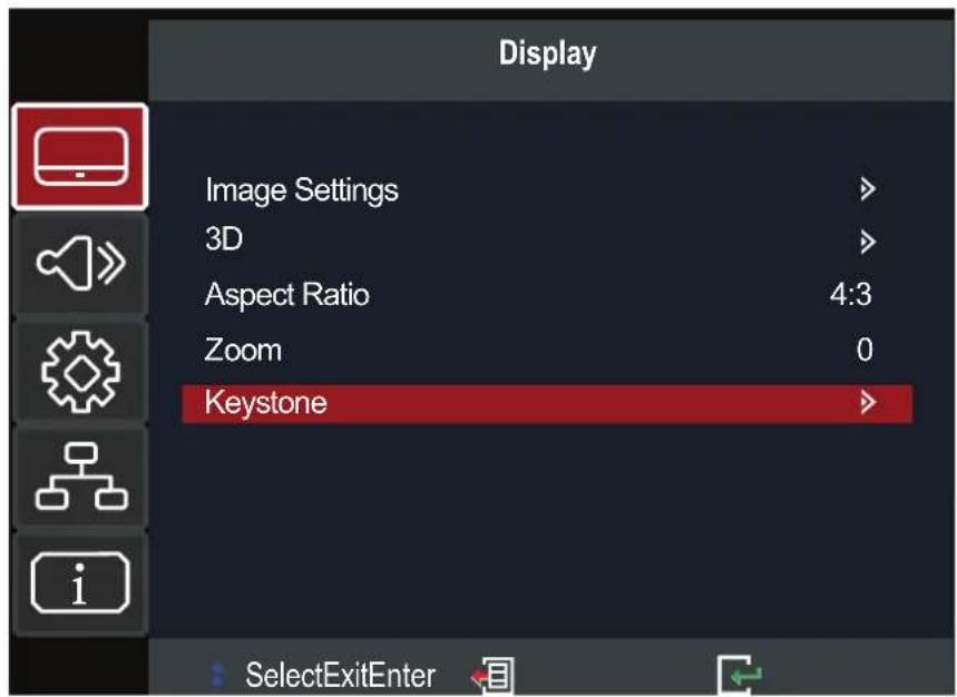 Display Image Settings > 3D Aspect Ratio 4:3 Zoom 0 Keystone > SelectExitEnter