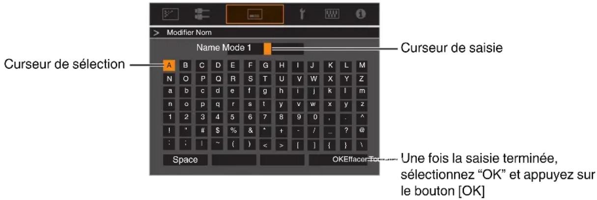 Modifier Nom Name Mode 1 Curseur de sélection A B C D E F G H I J K L M N O P Q R S T U V W X Y Z a b c d e f g h i j k l m n o p q r s t y v w x y z 1 2 3 4 5 6 7 8 9 0 , . ^ ! " # $ % & ^ + - / _ ? @ : : ! ~ ( ) < > [ ] { } \ Space Curseur de saisie Une fois la saisie terminée, sélectionnez "OK" et appuyez sur le bouton [OK]