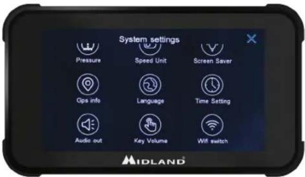System settings Pressure Speed Unit Screen Saver Gps info Language Time Setting Audio out Key Volume Wifi switch MIDLAND®