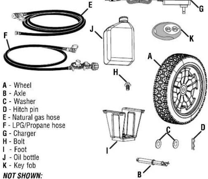 A - Wheel B - Axle C - Washer D - Hitch pin E - Natural gas hose F - LPG/Propane hose G - Charger H - Bolt I - Foot J - Oil bottle K - Key fob NOT SHOWN:
