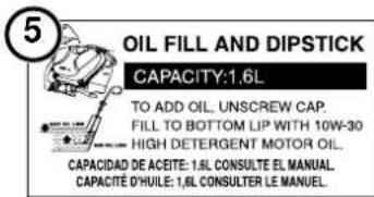 OIL FILL AND DIPSTICK CAPACITY:1.6L TO ADD OIL, UNSCREW CAP. FILL TO BOTTOM LIP WITH 10W-30 HIGH DETERGENT MOTOR OIL. CAPACIDADE DE ACEITE: 1.6L CONSULTE EL MANUAL CAPACITÉ D'HUILE: 1.6L CONSULTER LE MANUEL.