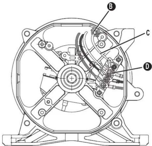 Technical diagram of a mechanical fan assembly with labeled components A, B, C, and D