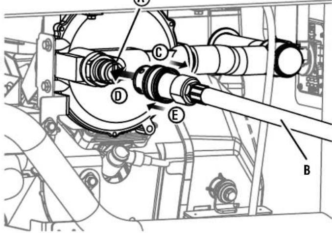 Technical diagram of a mechanical assembly with labeled components A, B, C, D, and E