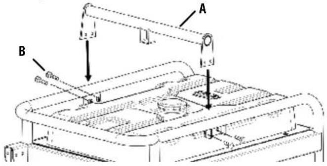 Technical diagram of a mechanical assembly with labeled components A and B, showing directional arrows and dimension lines.