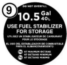 DO NOT OVERFILL 9 10.5 Gal 40 L USE FUEL STABILIZER FOR STORAGE UTILISEZ UN STABILISATEUR DE CARBURANT POUR LE STOCKAGE EL USO DEL ESTABILIZADOR DE COMBUSTIBLE PARA EL ALMANCAENARIENTO 87 MINIMUM OCTANE 87 OCTANO MINIMUM 87 OCTANO MINIMUM
