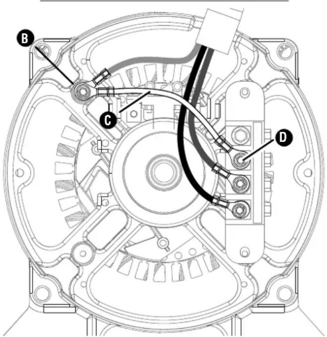 Technical diagram of an electric motor with labeled components A, B, C, and D