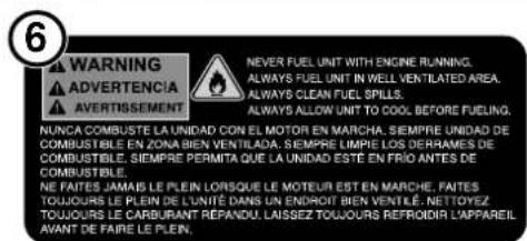 WARNING ADVERTENCIA AVERTISSEMENT NEVER FUEL UNIT WITH ENGINE RUNNING, ALWAYS FUEL UNIT IN WELL VENTILATED AREA, ALWAYS CLEAN FUEL SPILLS, ALWAYS ALLOW UNIT TO COOL BEFORE FUELING. NUNCA COMBUSTE LA UNIDAD CON EL MOTOR EN MARCHA. SIEMPRE UNIDAD DE COMBUSTIBLE EN ZONA BIEN VENTILADA. SIEMPRE LIMPIE LOS DERRAMES DE COMBUSTIBLE. SIEMPRE PERMITA QUE LA UNIDAD ESTE EN FRIO ANTES DE COMBUSTIBLE. NE FAITES JAMAIS LE PLEIN LORSQUE LE MOTEUR EST EN MARCHE, FAITES TOUOURS LE PLEIN DE L'UNITE DANS UN ENDROIT BIEN VENTILE. NET TOYEZ TOUOURS LE CARBURANT REFANDU. LAISSEZ TOUOURS REFROIDIR L'APPAREIL AVANT DE FAIRE LE PLEIN.