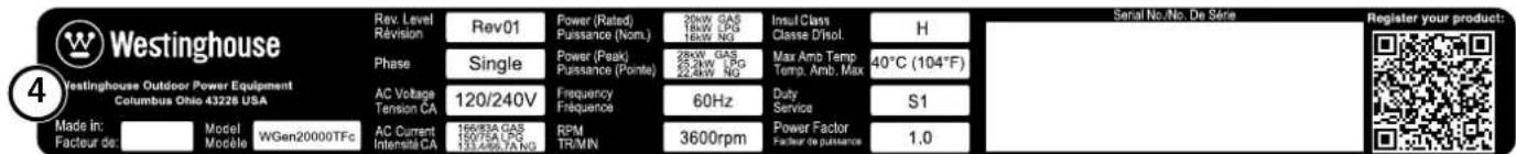 Westinghouse Yestinghouse Outdoor Power Equipment Columbus Ohio 43228 USA Rev. Level Révision Phase AC Voltage Tension CA Made in: Facteur de: Model Modèle WGen20000TFc AC Current Intensité CA Rev01 Power (Rated) Puissance (Nom.) 2kW GAS 18kW CPG 16kW NG Input Class Classe Disol. 2kW GAS 25.3kW CPG 25.2kW NG Max Amb Temp Temp. Amb. Max 60Hz Duty Service Power Factor Factor de puissance H 40°C (104°F) S1 1.0 Serial No./No. De Série Register your product: