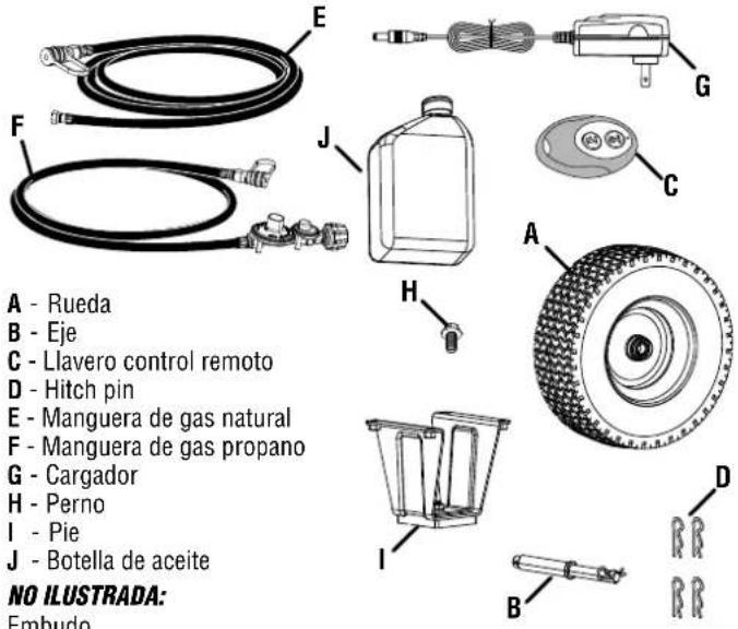 A - Rueda B - Eje C - Llavero control remoto D - Hitch pin E - Manguera de gas natural F - Manguera de gas propano G - Cargador H - Perno I - Pie J - Botella de aceite NO ILUSTRADA: Embudo