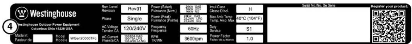 Westinghouse Yestinghouse Outdoor Power Equipment Columbus Ohio 43228 USA Rev. Level Revision Phase AC Voltage Tension CA Made in: Facteur de: Model Modèle WGen20000TFc Rev01 Power (Rated) Puisance (Nom.) 20kW GAS 15kw LPG 16kw No. Insul Class Classe D'isol. H 40°C (104°F) S1 1.0 Serial No./No. De Série Register your product: Power Factor Facteur de poyance