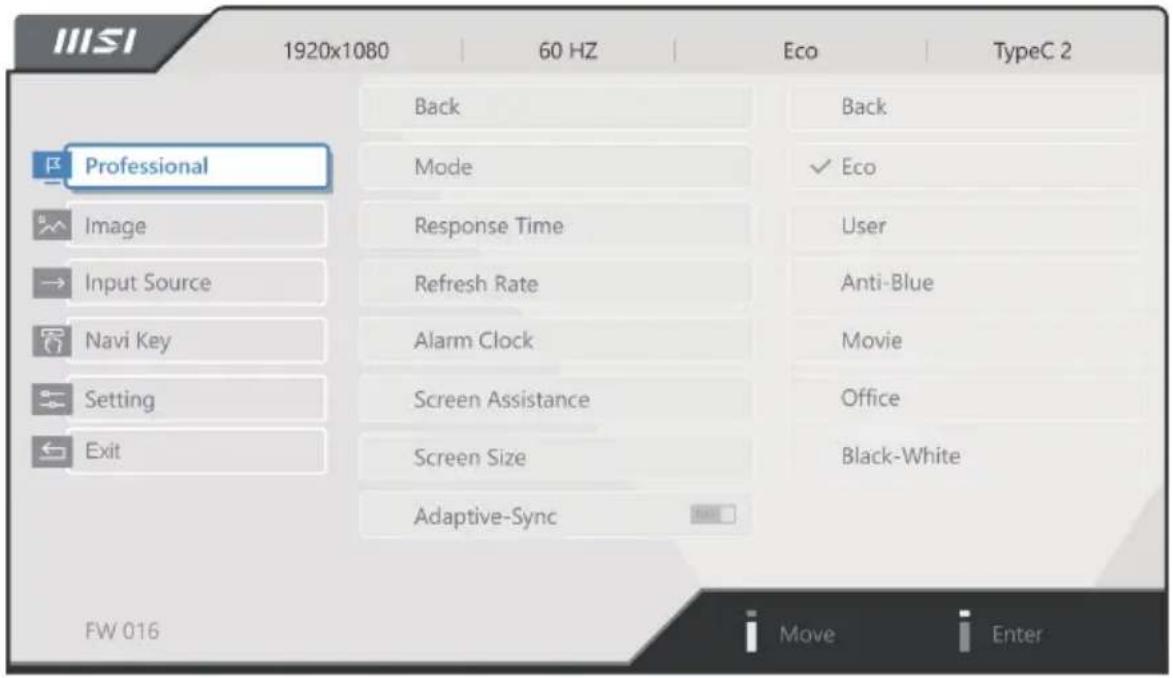 MSI PRO MP161 E2 - Menu OSD - 1