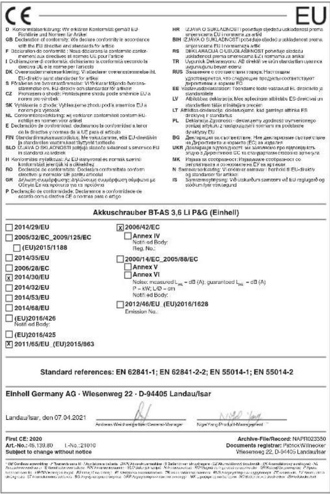 EINHELL BT-AS 3 6 Li P&G - Certificato di garanzia - 1