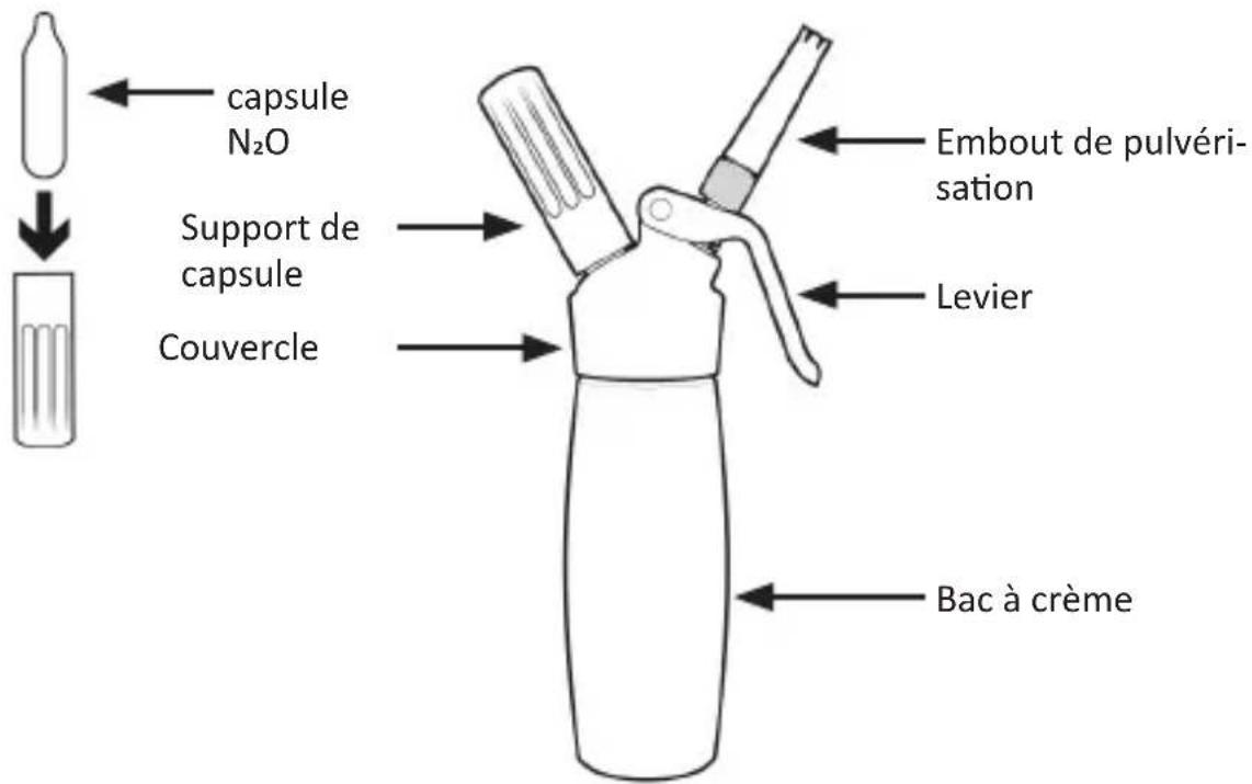 capsule N₂O Support de capsule Couvercle Embout de pulvéri- sation Levier Bac à crème