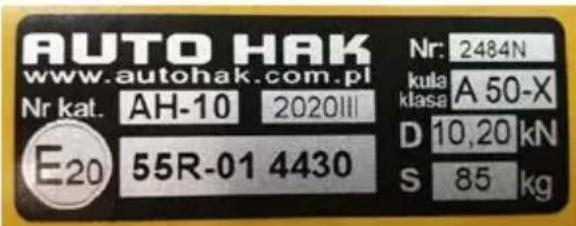 AUTO HAK www.autohak.com.pl Nr kat. AH-10 2020III E20 55R-01 4430 Nr: 2484N kula A 50-X klasa D 10,20 kN S 85 kg