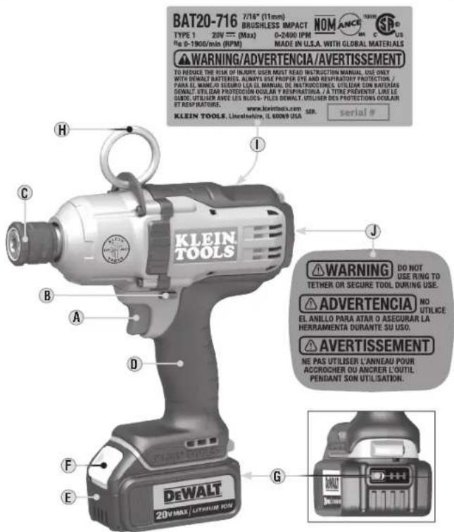 BAT20-716 7/16" (11mm) BRUSHLESS IMPACT NOMANCE TYPE 1 20V --- (Max) 0-2400 IPM #o 0-1900/mb (RPM) MADE IN U.S.A. WITH GLOBAL MATERIALS WARNING/ADVERTENCIA/AVERTISSEMENT TO REDUCE THE RISK OF INJURY USER MUST READ INSTRUCTION MANUAL USE ONLY WITH DEWALT BATTERNEL ALWAYS USE PROPER EYE AND REPRIATORY PROTECTION / PARRA EL MANELO SEGURO LLA EL MANUAL DE INSTRUCCIONES, UTILIZAR CON BATORIAS DEWALT UTILIAR PROTECTION COULAR Y REPREPARATION / A TIRE PREVENTIF, LIKE LE GARO UTILIAR AVE LES BLOCK - PILEN DEWALT, UTILIZER DES PROTECTIONS COULAR ET REPREPARATION. www.kleinbox.com www. KLEIN TOOLS, Litodashire, IL 60069 USA serial # WARNING DO NOT TETHER OR SECURE TOOL DURING USE. ADVERTENCIA NO UTILICE EL ANILLO PARA ATAR O ASEGURAR LA HERRAMIENTA OURANTE SU USO. AVERTISSEMENT NE PAS UTILISER L'ANNEAU POUR ACCROCHER OU ANCRER L'OUTIL PENDANT SON UTILISATION. DEWALT 20V/MAX/LITUDUM TOOLS H I J C B A D F E G