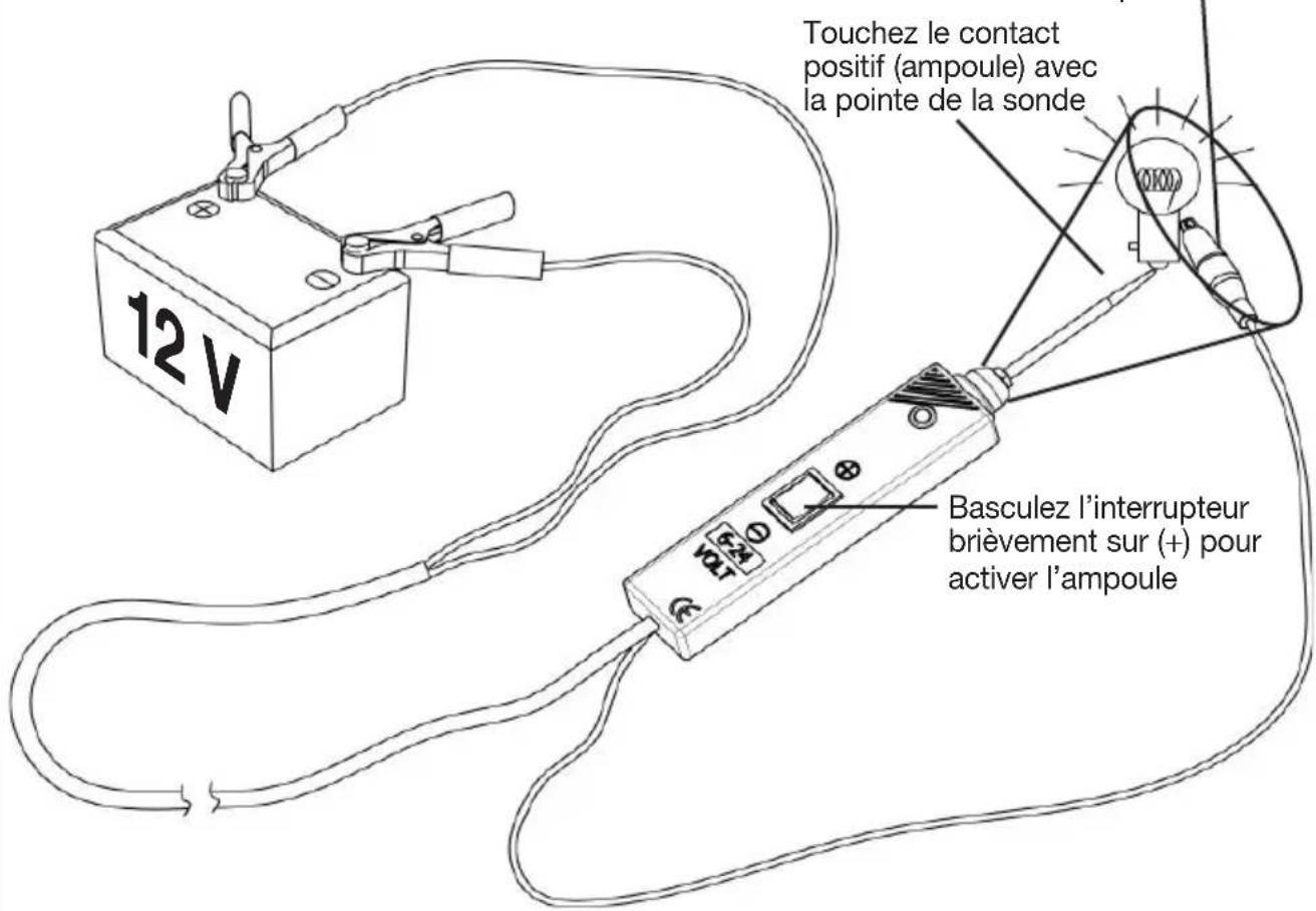 12 V Touchez le contact positif (ampoule) avec la pointe de la sonde Basculez l'interrupteur brièvement sur (+) pour activer l'ampoule