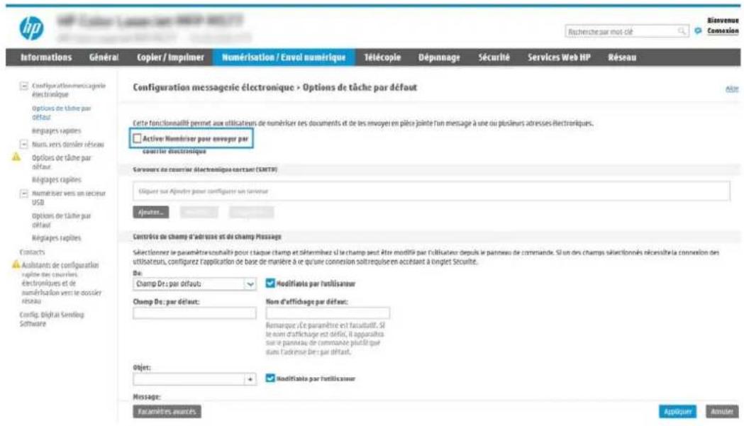 HP LaserJet Managed MFP E52545 - Deuxième méthode : Configuration avancée via la configuration de la messagerie électronique - 2