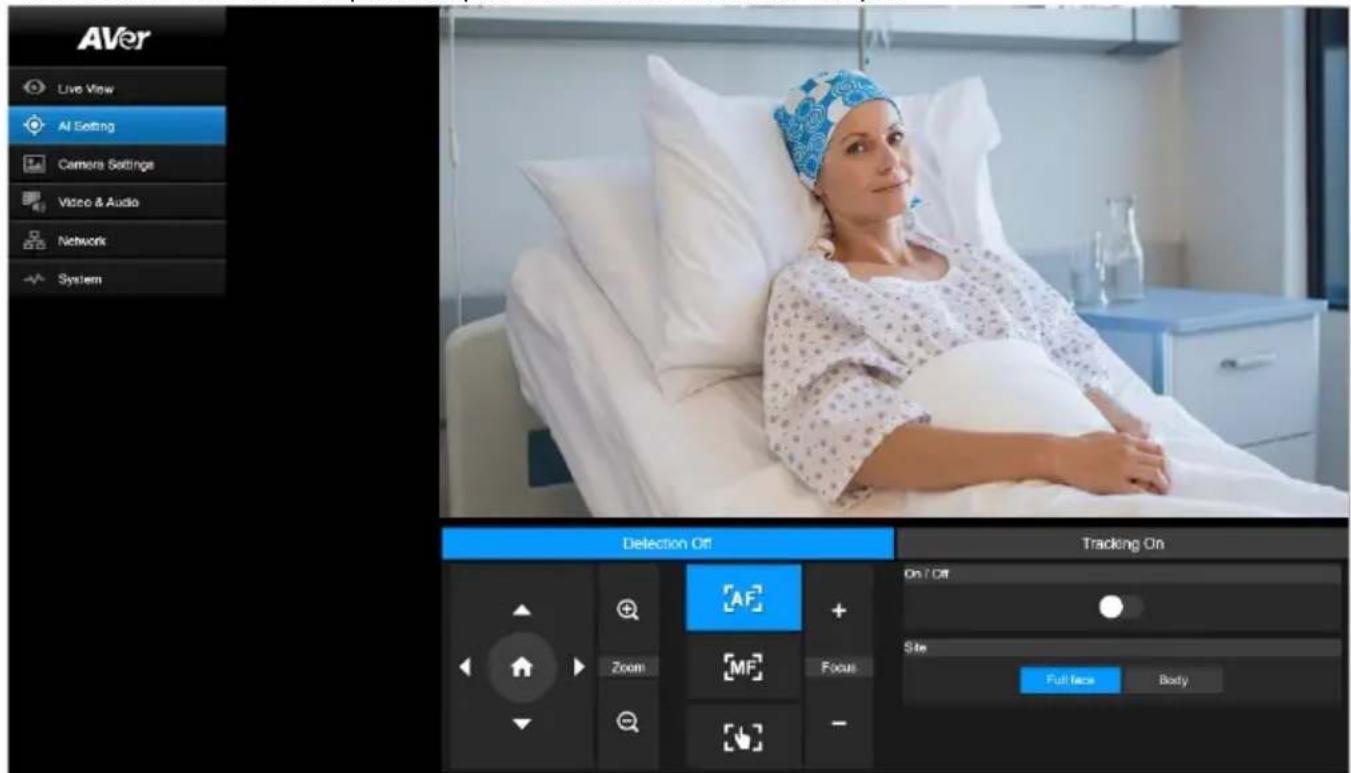 AVer Live View AI Setting Camera Settings Video & Audio Network System Detection Off Tracking On On / Off Site Full face Body