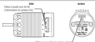 Côté Pattes à souder pour les fils d'alimentation du variateur ESC Orifice pour le câble du capteur Arrière