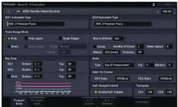 KORG Nautilus 88 AT - L'indication de page dans le coin supérieur gauche de l'écran affiche "PROGRAM > Basic/X-Y/Controllers" et le groupe de pages change. - 1