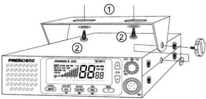 PRESIDENT JOHNSON II VDX 12/24 V SET SCAN AM FM → 80 MHz HC/CUT ASC ON VOUT [] LOCAL VIX SET HO/NO DR MEN MO MO MO ① ② ③ ④ VOL → 5Ω CH 73-