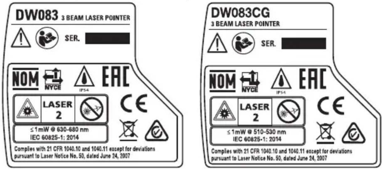 DEWALT DW083 - Etichette sull'attrezzo - 1