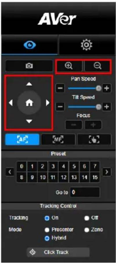 AVer Pan Speed Tilt Speed Focus AF MF Preset 0 1 2 3 4 5 6 7 8 9 10 11 12 13 14 15 Go to 0 Tracking Control Tracking On Off Mode Presenter Zono Hybrid Click Track