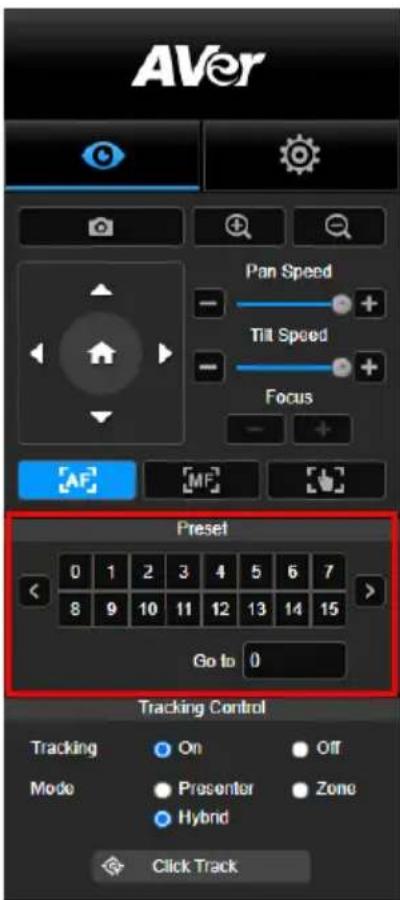 AVer Pan Speed Till Speed Focus Preset 0 1 2 3 4 5 6 7 8 9 10 11 12 13 14 15 Go to 0 Tracking Control Tracking On Off Mode Presenter Zone Hybrid Click Track