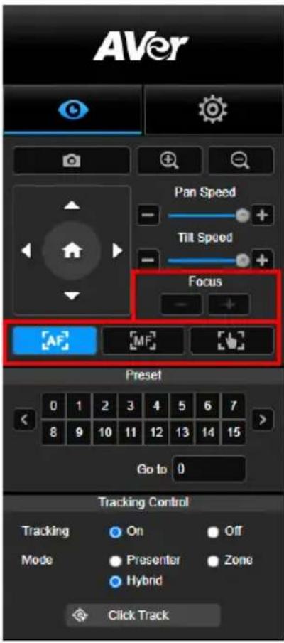 AVer Pan Speed Till Speed Focus AF MF Preset 0 1 2 3 4 5 6 7 8 9 10 11 12 13 14 15 Go to 0 Tracking Control Tracking On Off Mode Presenter Zone Hybrid Click Track