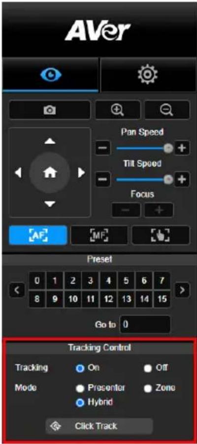 AVer Pan Speed Till Speed Focus AF MF Preset 0 1 2 3 4 5 6 7 8 9 10 11 12 13 14 15 Go to 0 Tracking Control Tracking On Off Mode Presenter Zone Hybrid Click Track