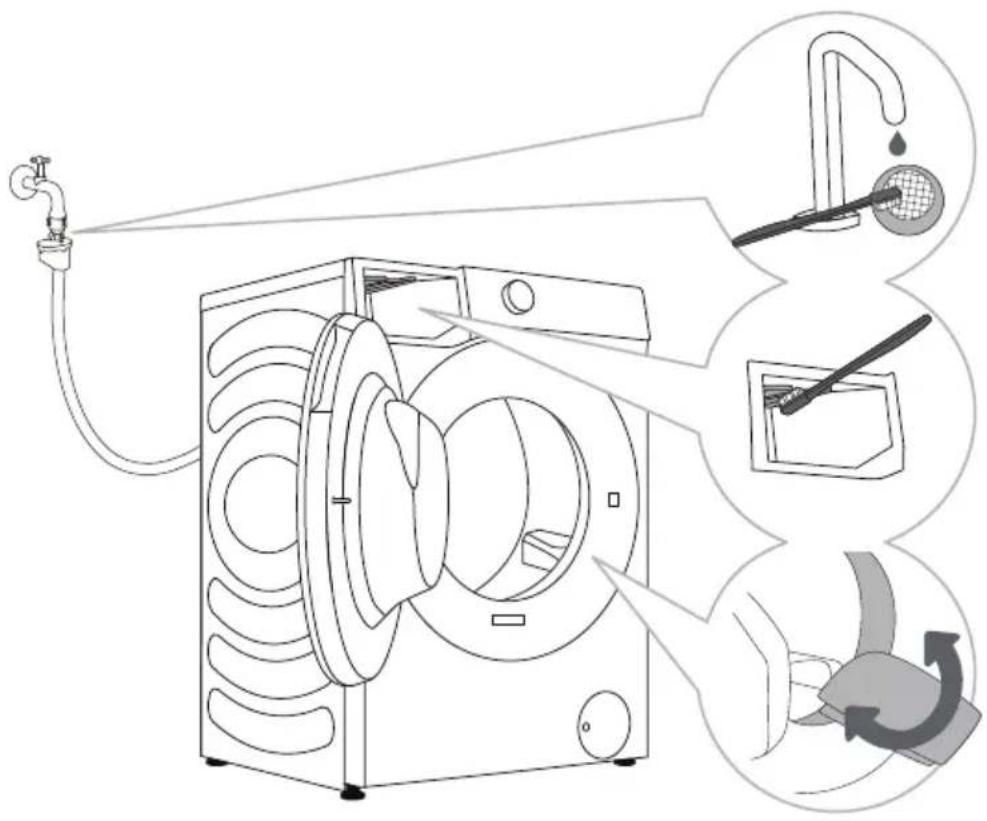 HISENSE WF5S1043BW - NETTOYAGE DU TUYAU D'ALIMENTATION EN EAU, DU LOGEMENT DU DISTRIBUTEUR DE LESSIVE ET DU JOINT DE PORTE EN CAOUTCHOUCC - 1