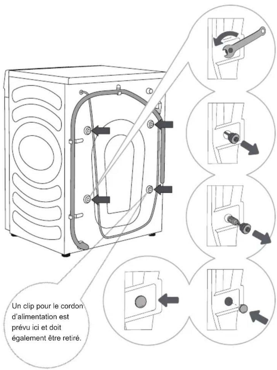 HISENSE WF3S1045BW3 - RETRAIT DES BOULONS/VIS DE TRANSPORT - 1