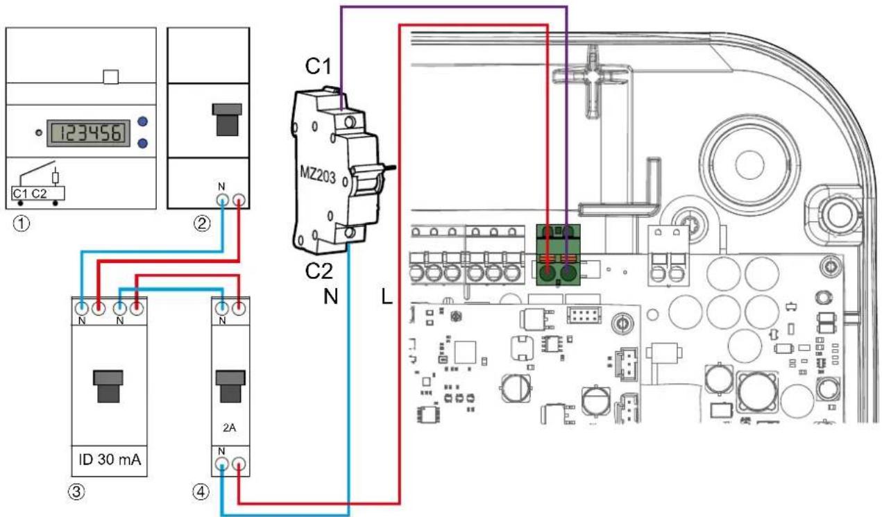HAGER XEV1R22T2ER - Verdrahtung der Funktion Erkennung klebender Kontakte - 1