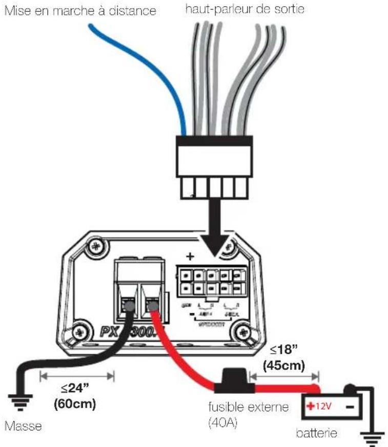 Mise en marche à distance haut-parleur de sortie PX 300 ≤24" (60cm) Masse + - fusible externe (40A) ≤18" (45cm) +12V batterie