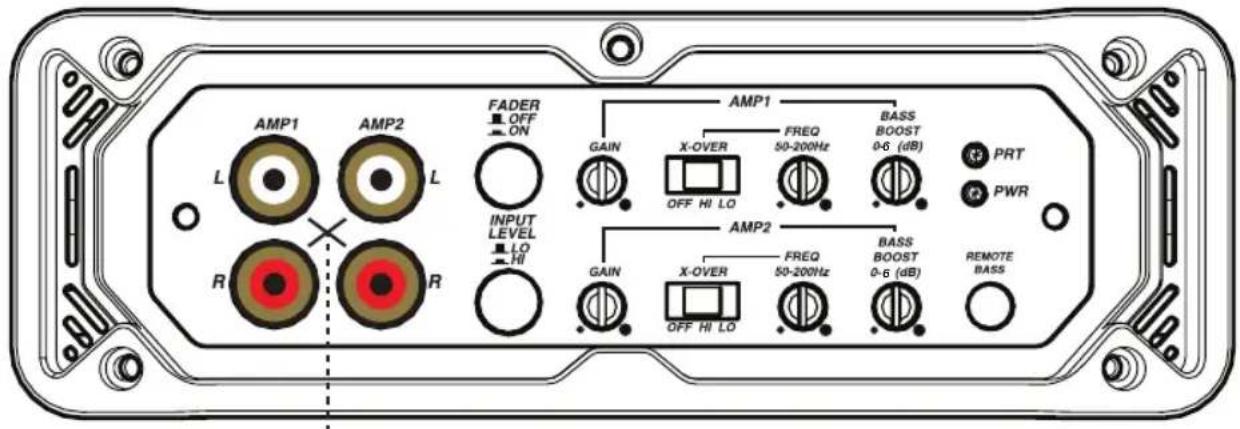 AMP1 L AMP2 L FADER OFF ON INPUT LEVEL LO HI GAIN AMP1 X-OVER FREQ 50-200Hz BASS BOOST 0-6 (dB) PRT PWR GAIN AMP2 X-OVER FREQ 50-200Hz BASS BOOST 0-6 (dB) REMOTE BASS