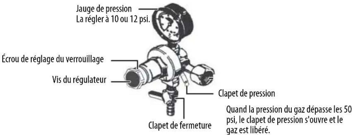 Jauge de pression La régler à 10 ou 12 psi. Écrou de réglage du verrouillage Vis du régulateur Clapet de fermeture Clapet de pression Quand la pression du gaz dépasse les 50 psi, le clapet de pression s'ouvre et le gaz est libéré.