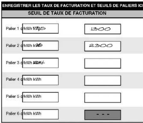 ENREGISTRER LES TAUX DE FACTURATION ET SEUILS DE PALIERS I SEUIL DE TAUX DE FACTURATION Palier 1 d/kWh kWh 1300 Palier 2 d/kWh kWh 2300 Palier 3 d/kWh kWh - Palier 4 d/kWh kWh - Palier 5 d/kWh kWh - Palier 6 d/kWh kWh - - -