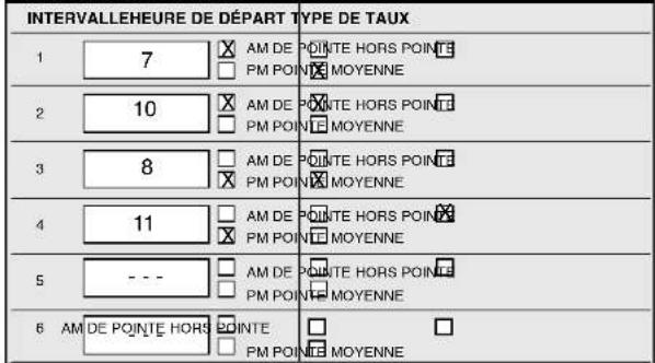 INTERVALLEHEURE DE DÉPART TYPE DE TAUX 1 7 AM DE POINTE HORS POINTE PM POINTE MOYENNE 2 10 AM DE POINTE HORS POINTE PM POINTE MOYENNE 3 8 AM DE POINTE HORS POINTE PM POINTE MOYENNE 4 11 AM DE POINTE HORS POINTE PM POINTE MOYENNE 5 --- AM DE POINTE HORS POINTE PM POINTE MOYENNE 6 AM DE POINTE HORS POINTE PM POINTE MOYENNE