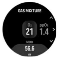 GAS MIXTURE O₂ ppO₂ 21 1.4 MOD 56.6 m