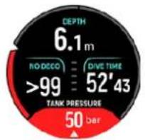 DEPTH 6.1 m NO DECO >DIVE TIME >99 52'43 TANK PRESSURE 50 bar