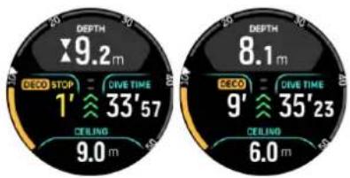 DEPTH ×9.2 m DECO STOP 1' 33'57 DEELING 9.0 m DEPTH 8.1 m DECO 9' 35'23 DEELING 6.0 m