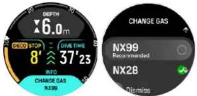 DEPTH 6.0 m DECO STOP 8' 37'23 INFO CHANGE GAS NH99 CHANGE GAS NX99 Recommended NX28 Dismiss
