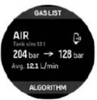 GAS LIST AIR Tank size 12 l 204 bar → 128 bar Avg. 12.1 L/min ALGORITHM