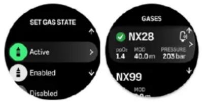 SET GAS STATE Active Enabled Disabled GASES NX28 poOz 1.4 MOD 40.0 m PRESSURE 2.03 bar NX99 MOD 50 m