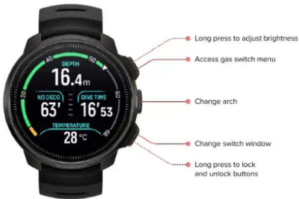 SUUNTO Ocean - Fonctions des boutons en plongée avec bouteilles - 1