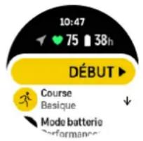 10:47 75 38h DÉBUT ▶ Course Basique ↓ Mode batterie Performance
