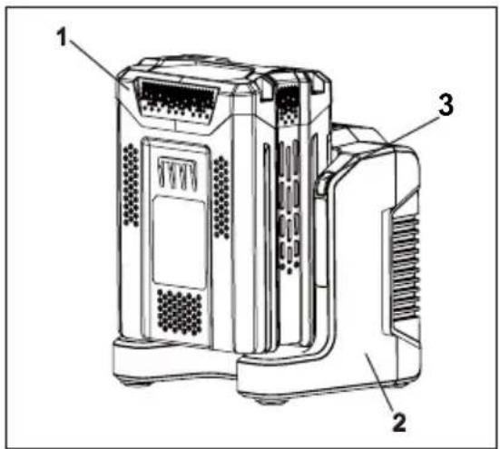 Powerworks P60UC - Paigutage aku (1) laadijasse (2). - 1